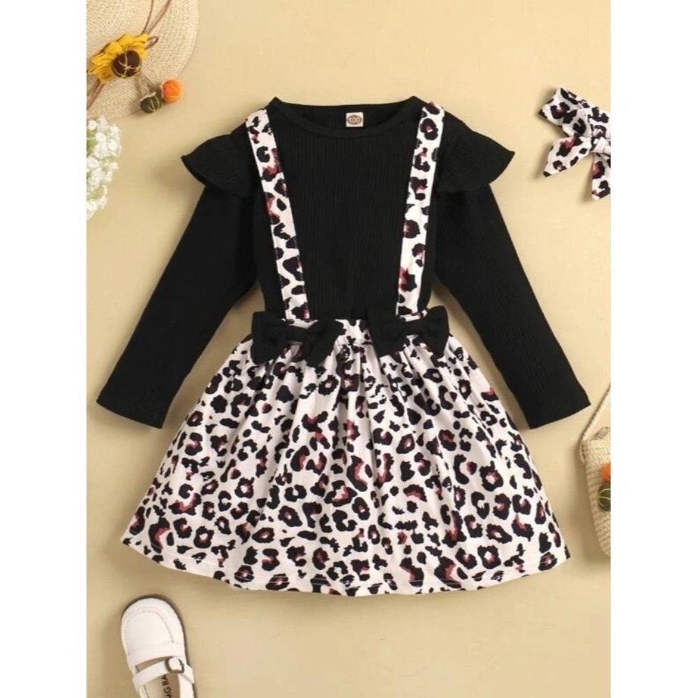 New Shein Girls Ruffle Trim Tee & Leopard Print Skirt & Headband - Size 5-6Y